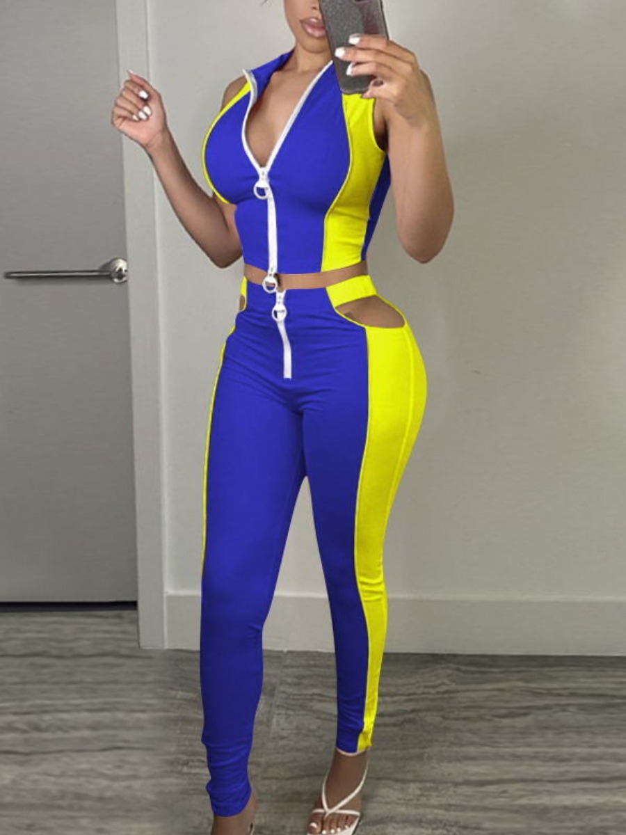

LW Sporty Color-lump Hollow-out Royalblue Two Piece Pants Set