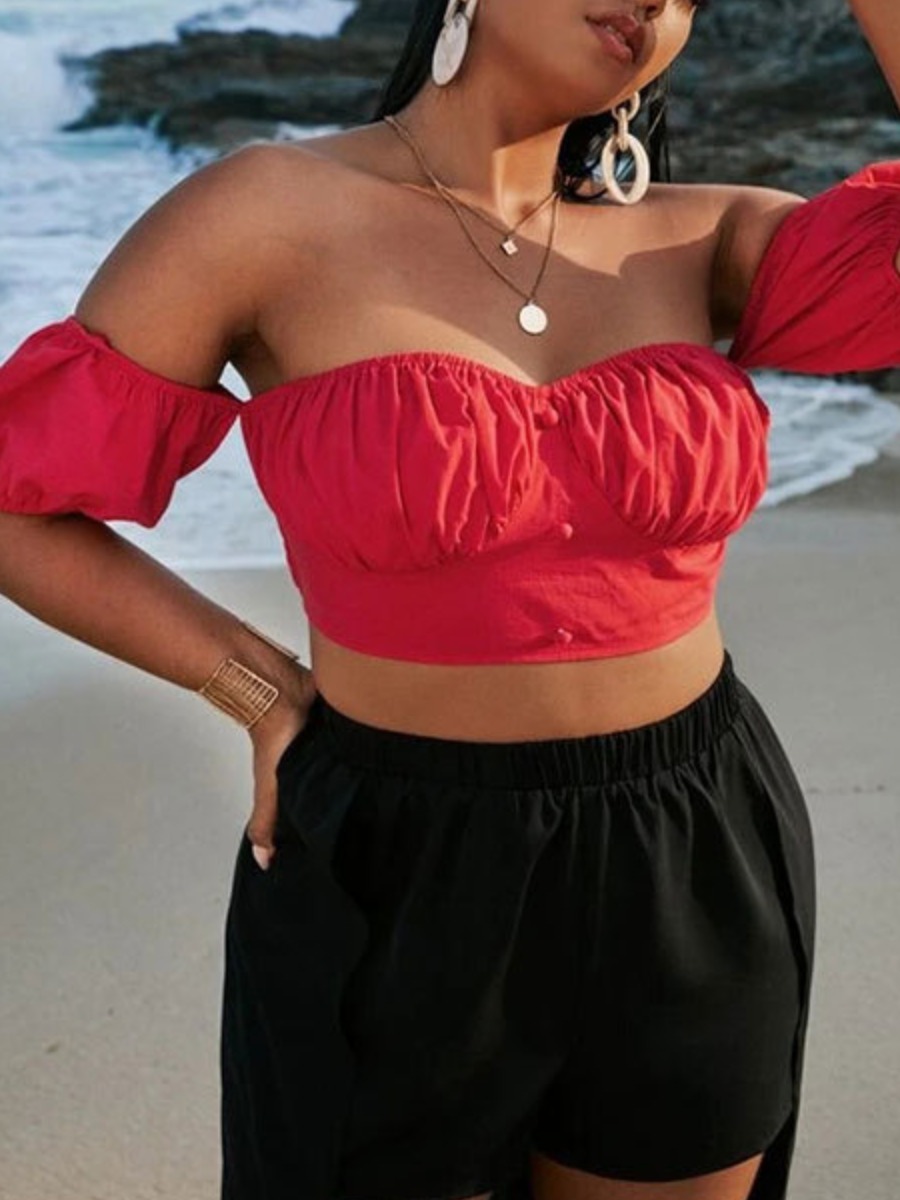 

Lovely Plus Size Casual Off The Shouder Fold Design Red Blouse