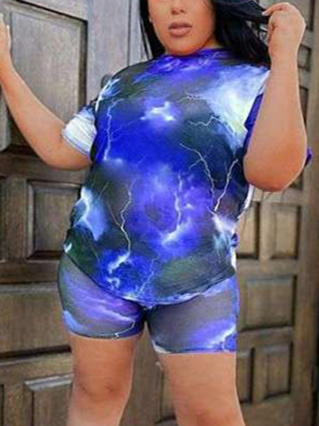 

LW Plus Size Stree See-through Sky Print Blue Two-piece Shorts Set