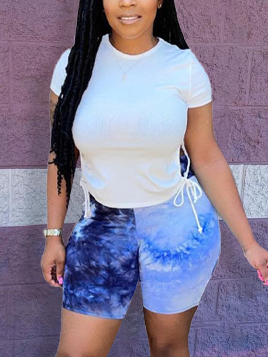 

Lovely Street Tie-dye Drawstring Blue Two Piece Shorts Set