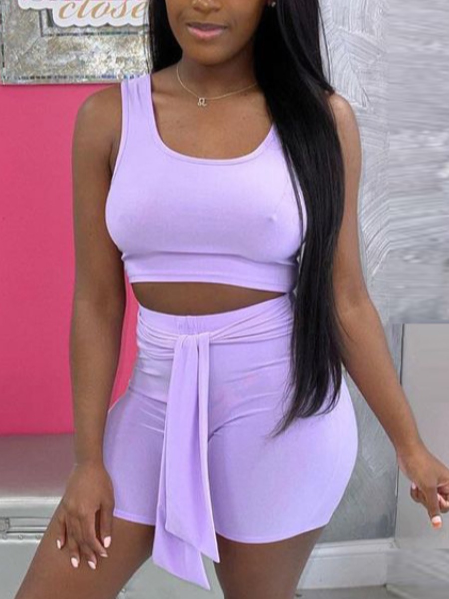 

LW Street U Neck Bandage Design Purple Two Piece Shorts Set