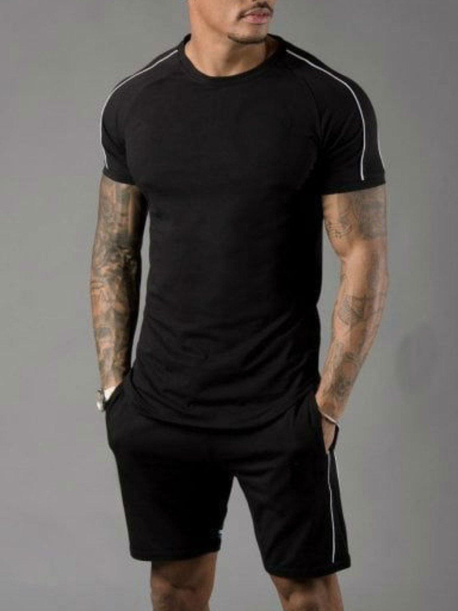 

Lovely Men Casual Striped Pocket Design Black Two Piece Shorts Set