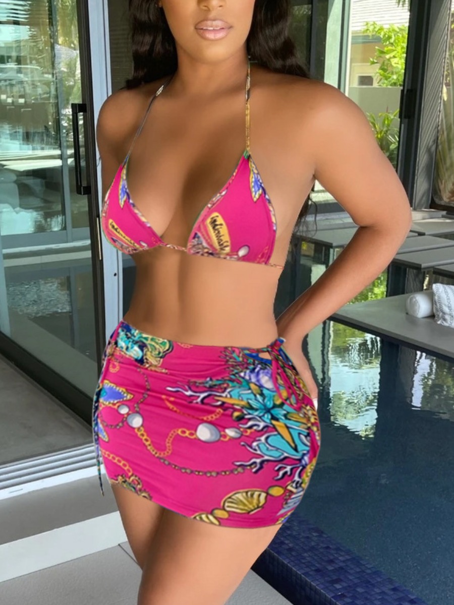 

Lovely Boho Chain Print Backless Rose Red Two-piece Swimsuit