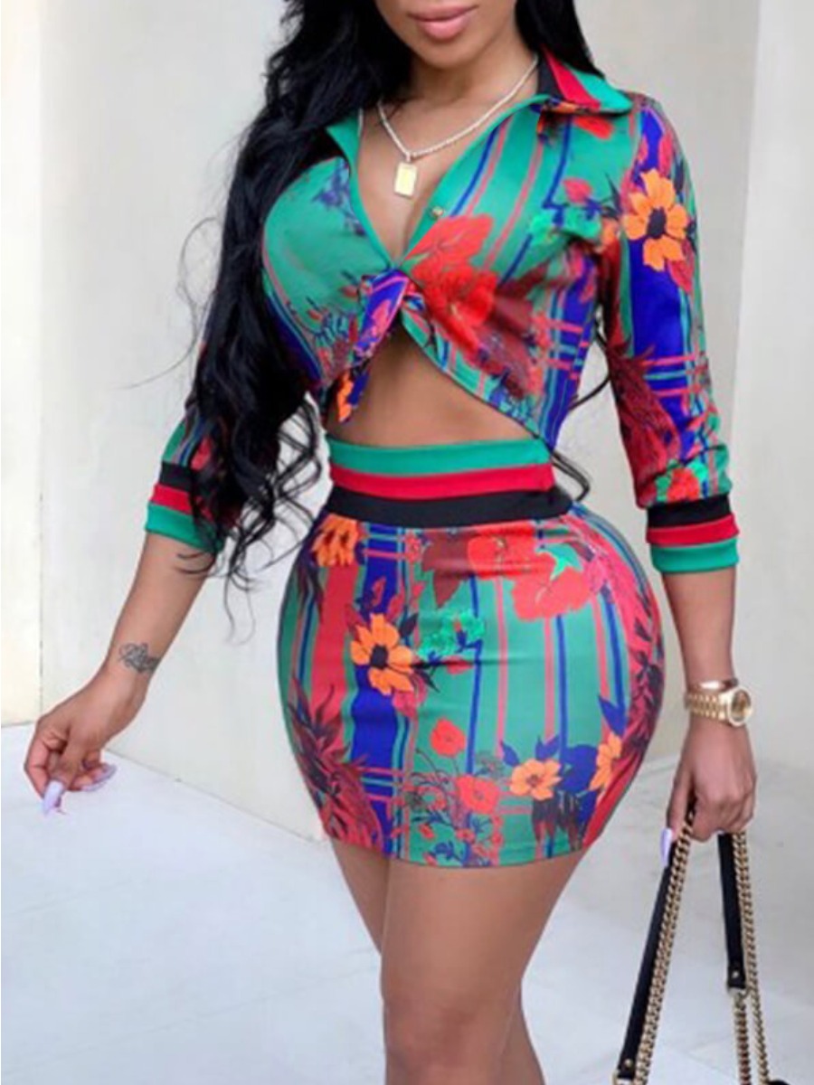 LW SXY Patchwork Floral Print Multicolor Two Piece Skirt Set