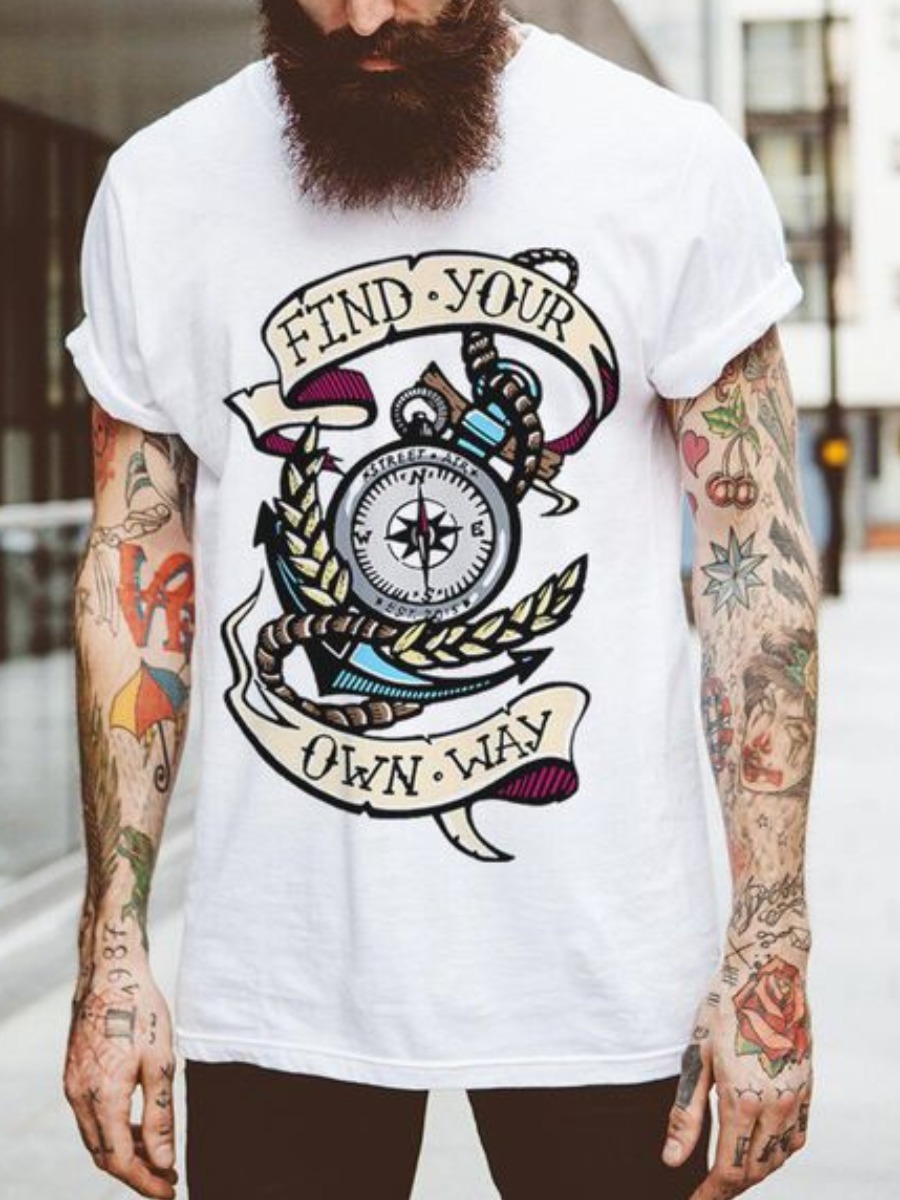 

Lovely Men Casual Round Neck Letter Print White T-shirt