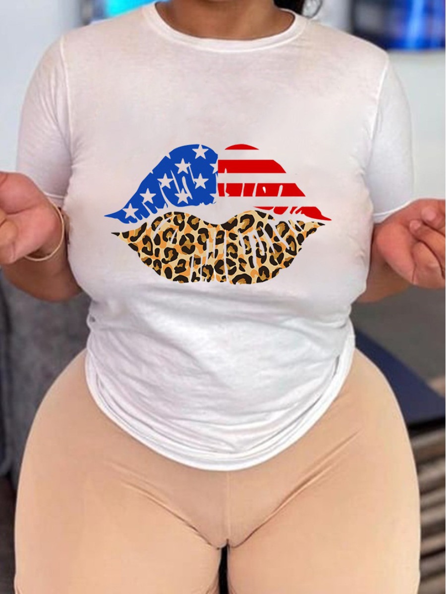 

LW Casual Independence Day Lip Print White T-shirt