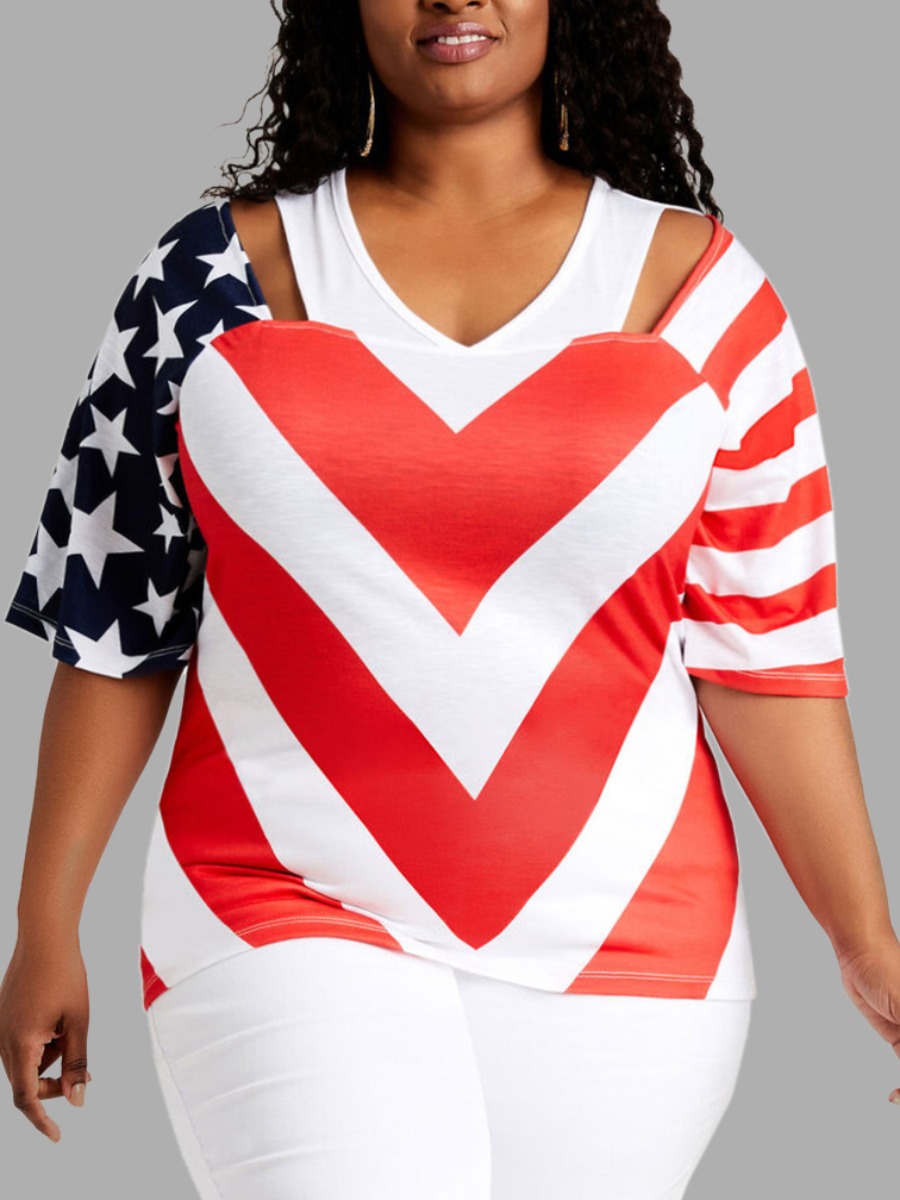

LW Plus Size Casual American Flag Print Hollow-out White T-shirt
