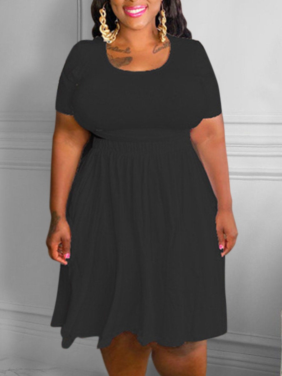 

Lovely Plus Size Casual Round Neck Fold Design Black Two-piece Skirt Set
