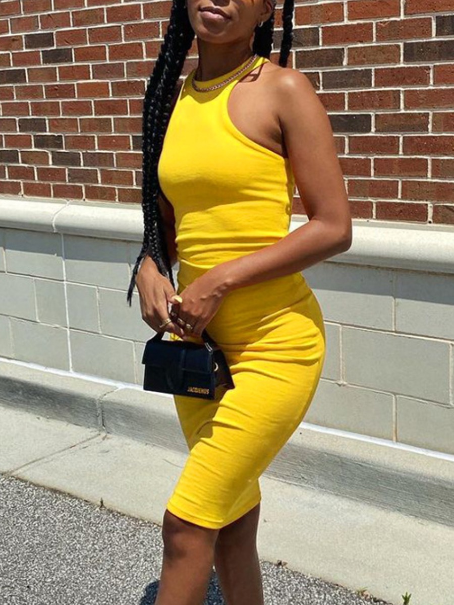 

Lovely Casual Round Neck Basic Skinny Yellow Knee Length Dress