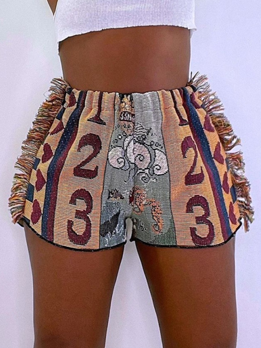

Lovely Street Letter Print Tassel Design Yellow Shorts
