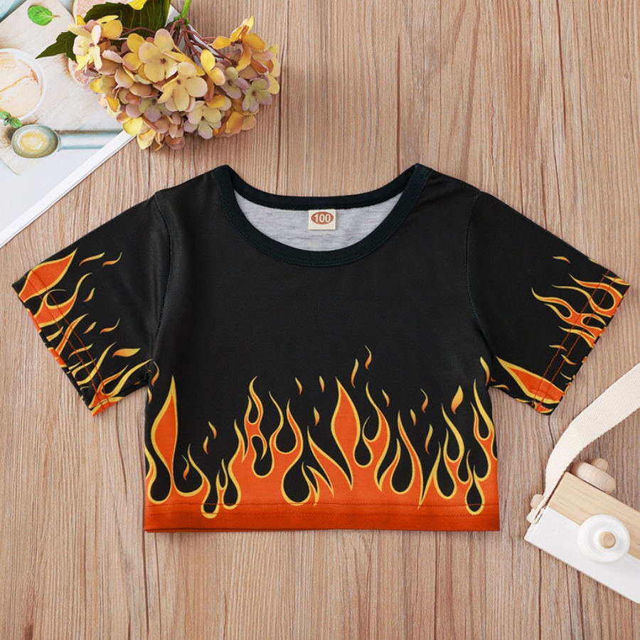 

Lovely Girl Casual Round Neck Flame Print Red T-shirt