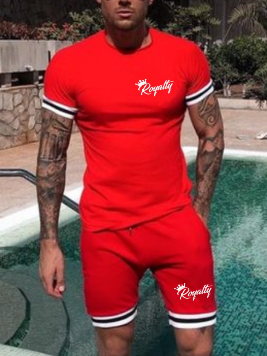 

LW Men Sporty Letter Print Striped Red Two Piece Shorts Set