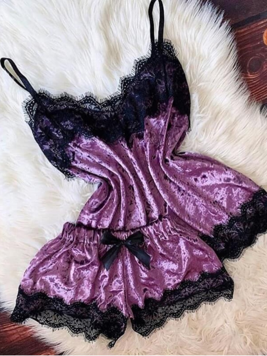 

LW COTTON Sexy Lace Patchwork Purple Babydolls