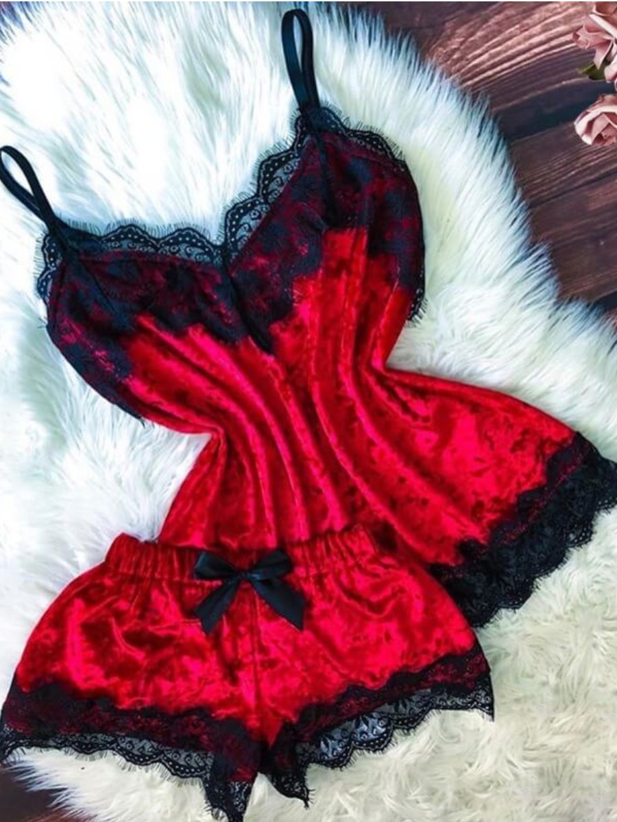 

LW COTTON Sexy Lace Patchwork Red Babydolls