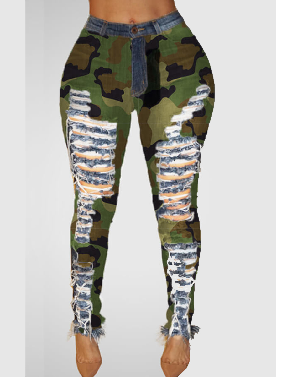 

LW High Stretchy Broken Holes Camouflage Printed Jeans, Camo