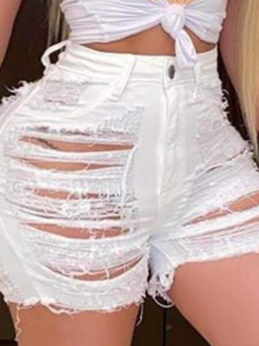 

Lovely Stylish Broken Holes White Shorts