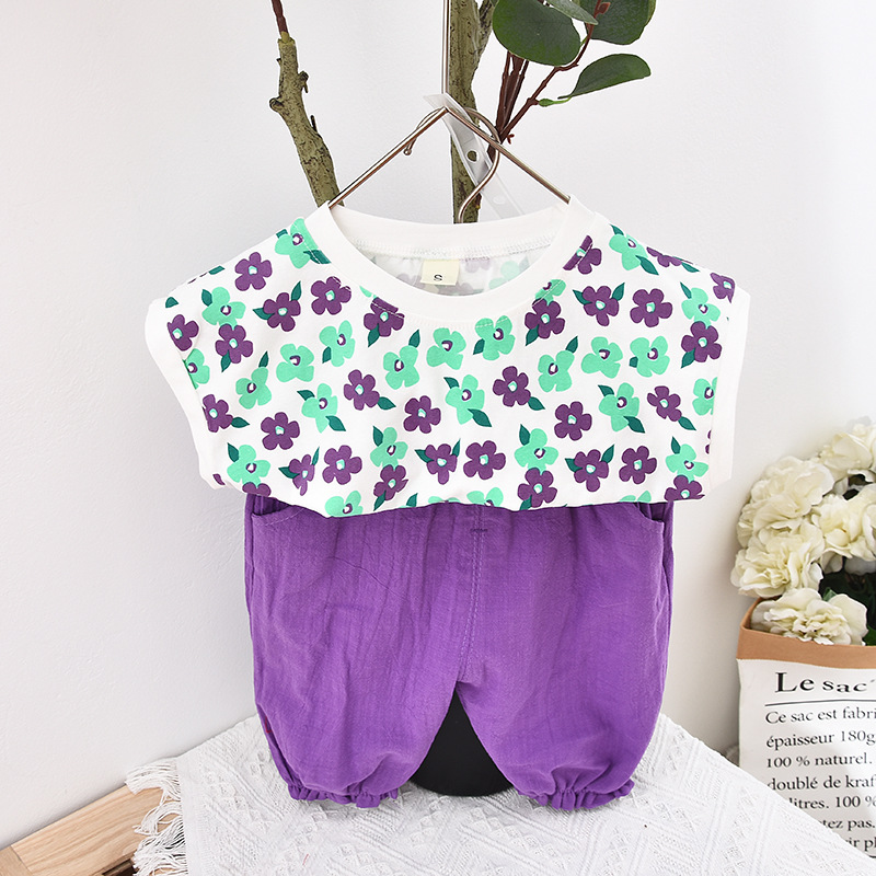 

Lovely Girl Casual O Neck Floral Print Purple Two Piece Pants Set