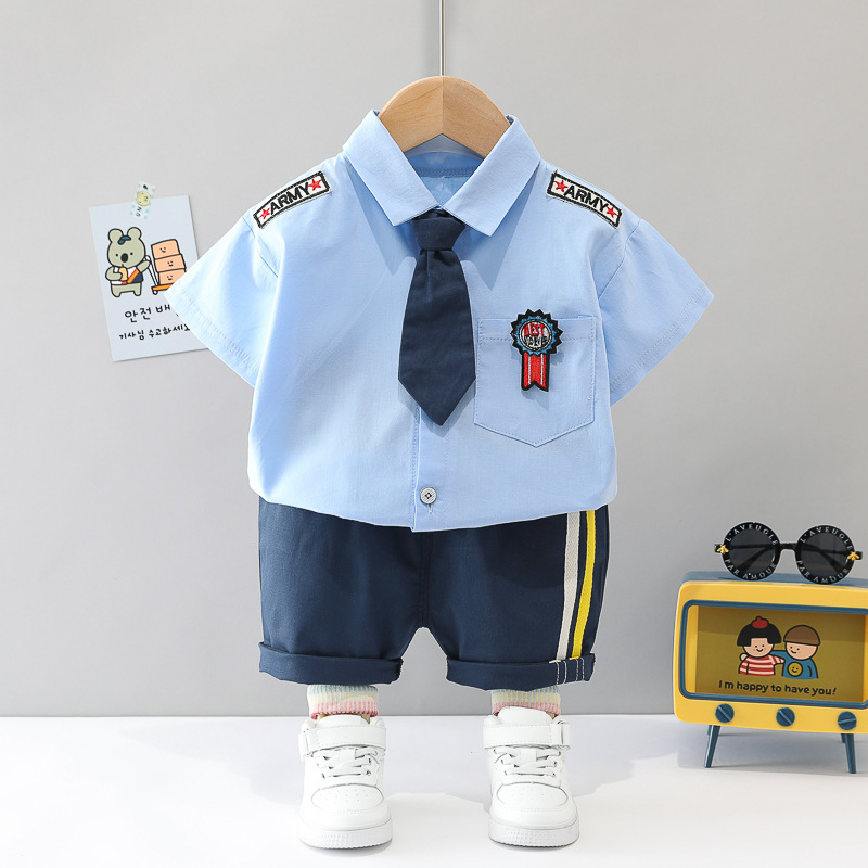 

Lovely Boy Street Turndown Collar Striped Baby Blue Two Piece Pants Set