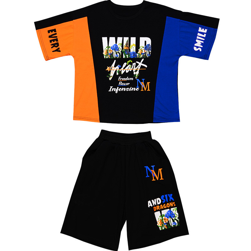 

Lovely Boy Street Letter Print Patchwork Black Two Piece Shorts Set