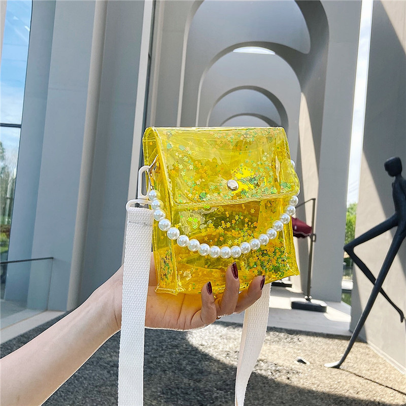 

LW Casual See-through Pearl Decoration Yellow Messenger Bag