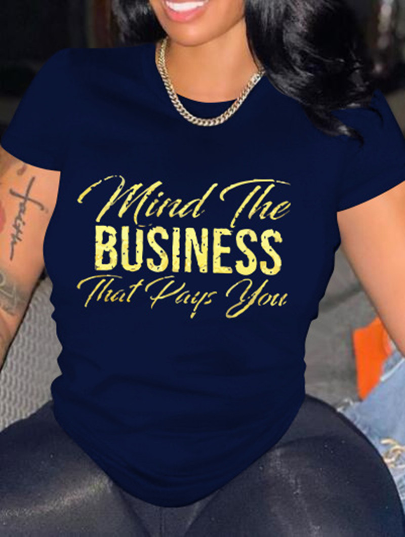 

LW BASICS Casual Round Neck Letter Print Dark Blue T-shirt