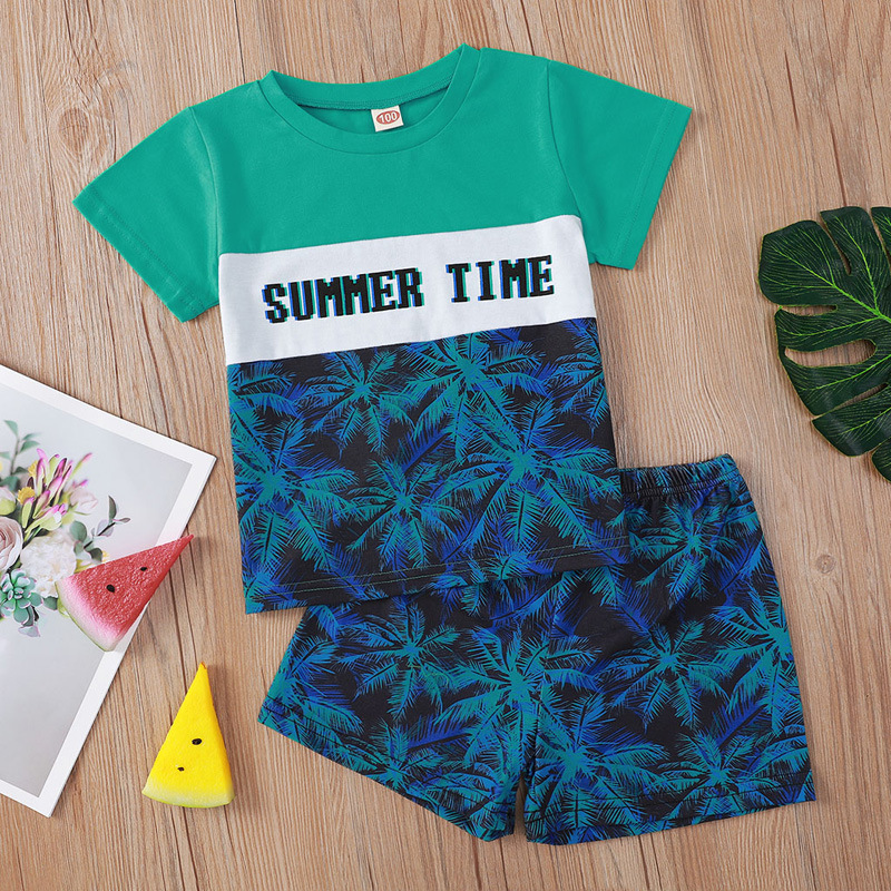 

Lovely Boy Boho Round Neck Plant Letter Print Green Two Piece Shorts Set