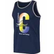 LW Men Sporty O Neck Letter Print Deep Blue Vest