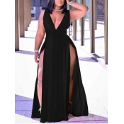 LW Plus Size Street V Neck Split Black Floor Lengt