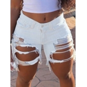 Lovely Sexy Hollow-out Creamy White Denim Shorts