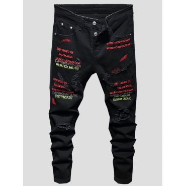 

LW Men Street Ripped Letter Decoration Black Jeans