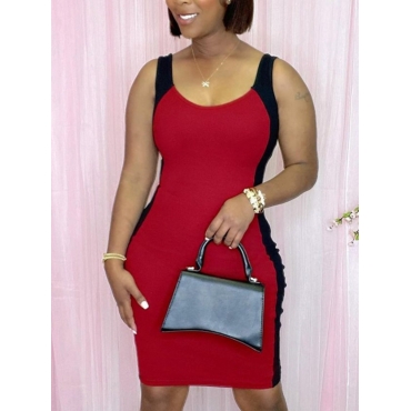 

Lovely Casual U Neck Color-lump Red Knee Length Dress