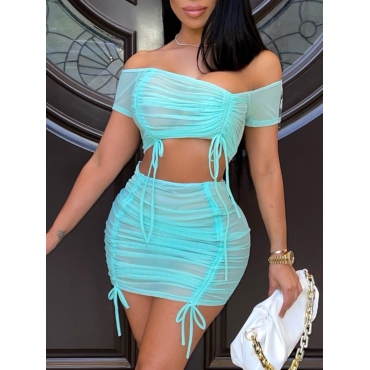 

Lovely Sexy See-through Drawstring Green Two Piece Skirt Set