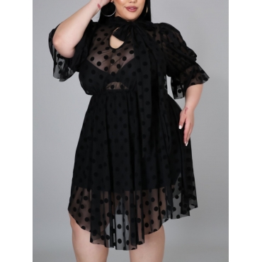 

LW Plus Size Sweet Dot See-through Ruffle Design Black Knee Length Dress