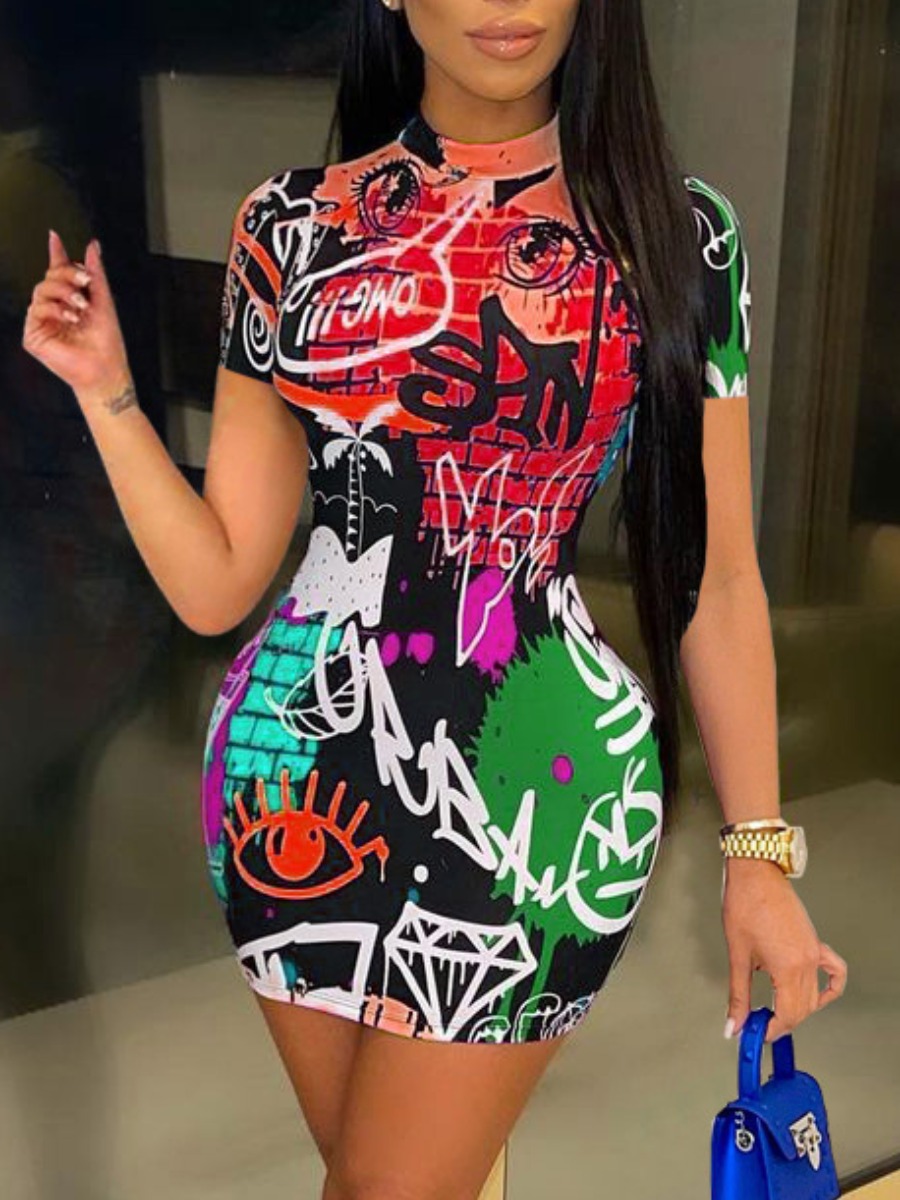 

LW BASICS Street Round Neck Graffiti Print Red Mini Dress