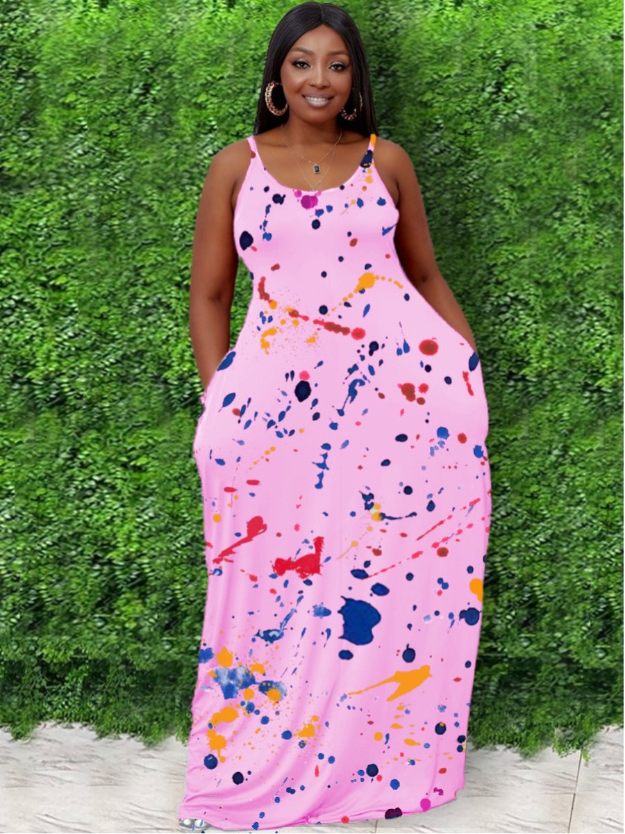 

Lovely Plus Size Boho U Neck Splash-ink Design Pink Floor Length Dress