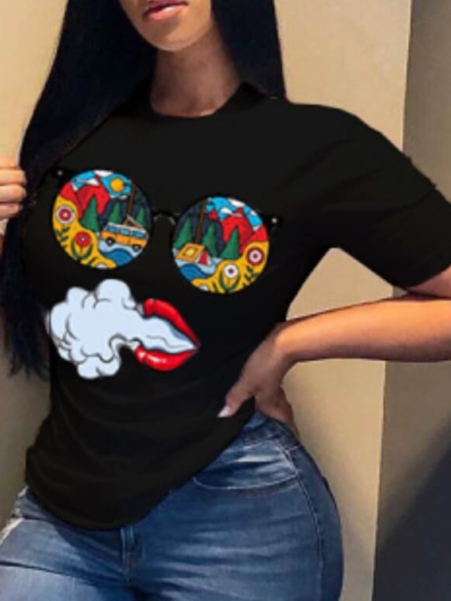 LW COTTON Chic O Neck Print Black T-shirt