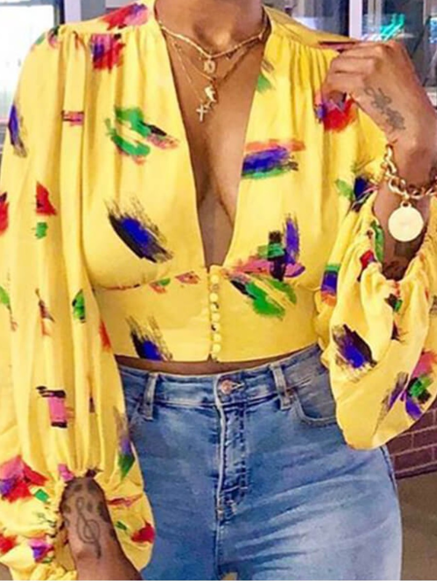 

LW Trendy Deep V Neck Print Yellow Blouse