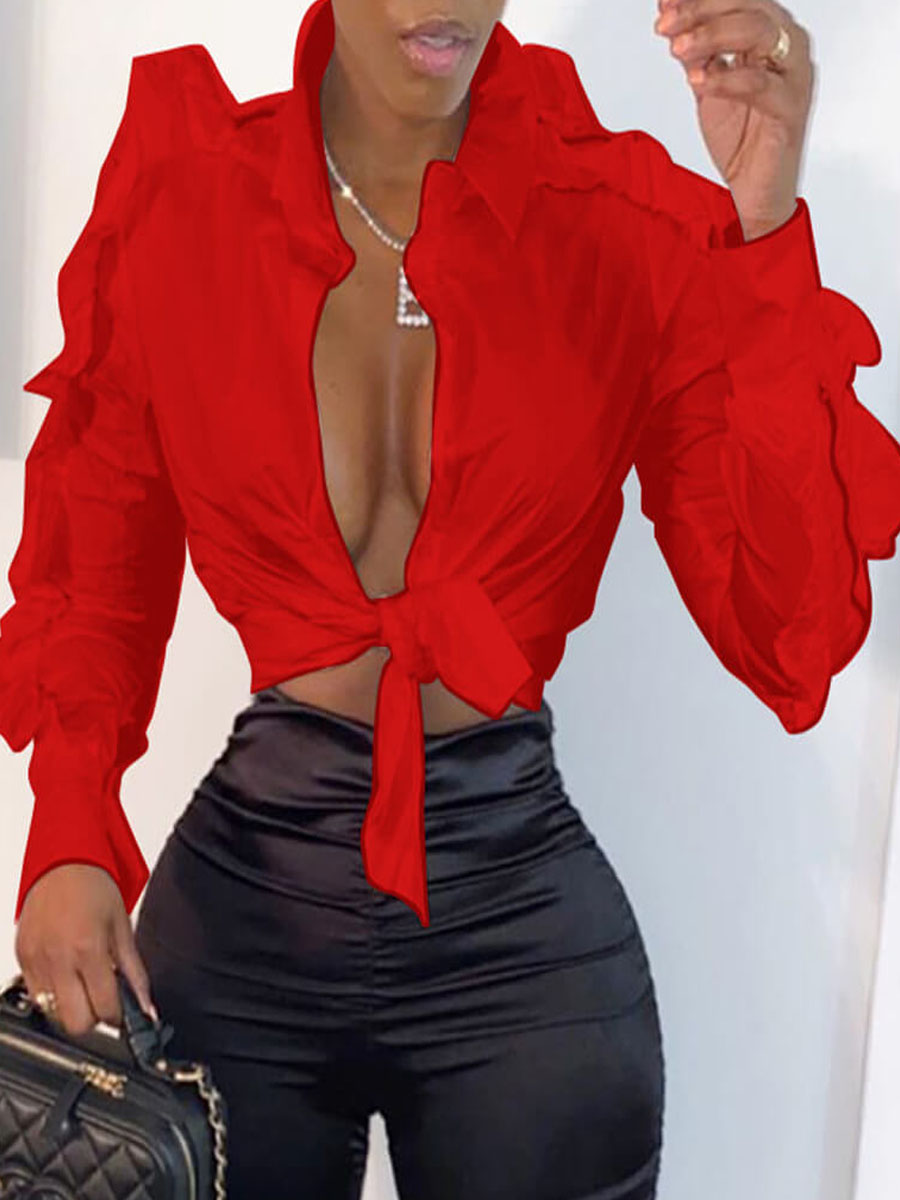 Lovely Stylish Flounce Patchwork Red Blouse