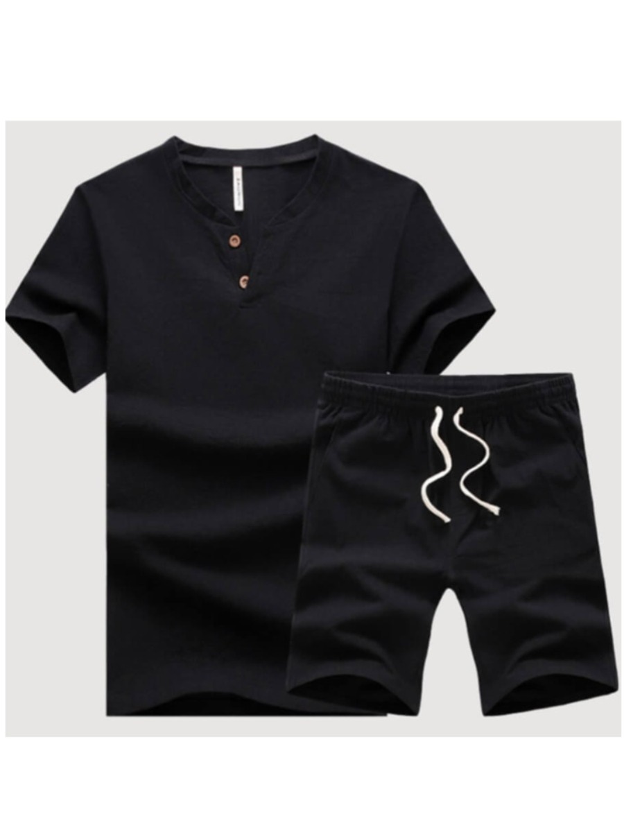 

LW COTTON Men Leisure O Neck Lace-up Black Two-piece Shorts Set