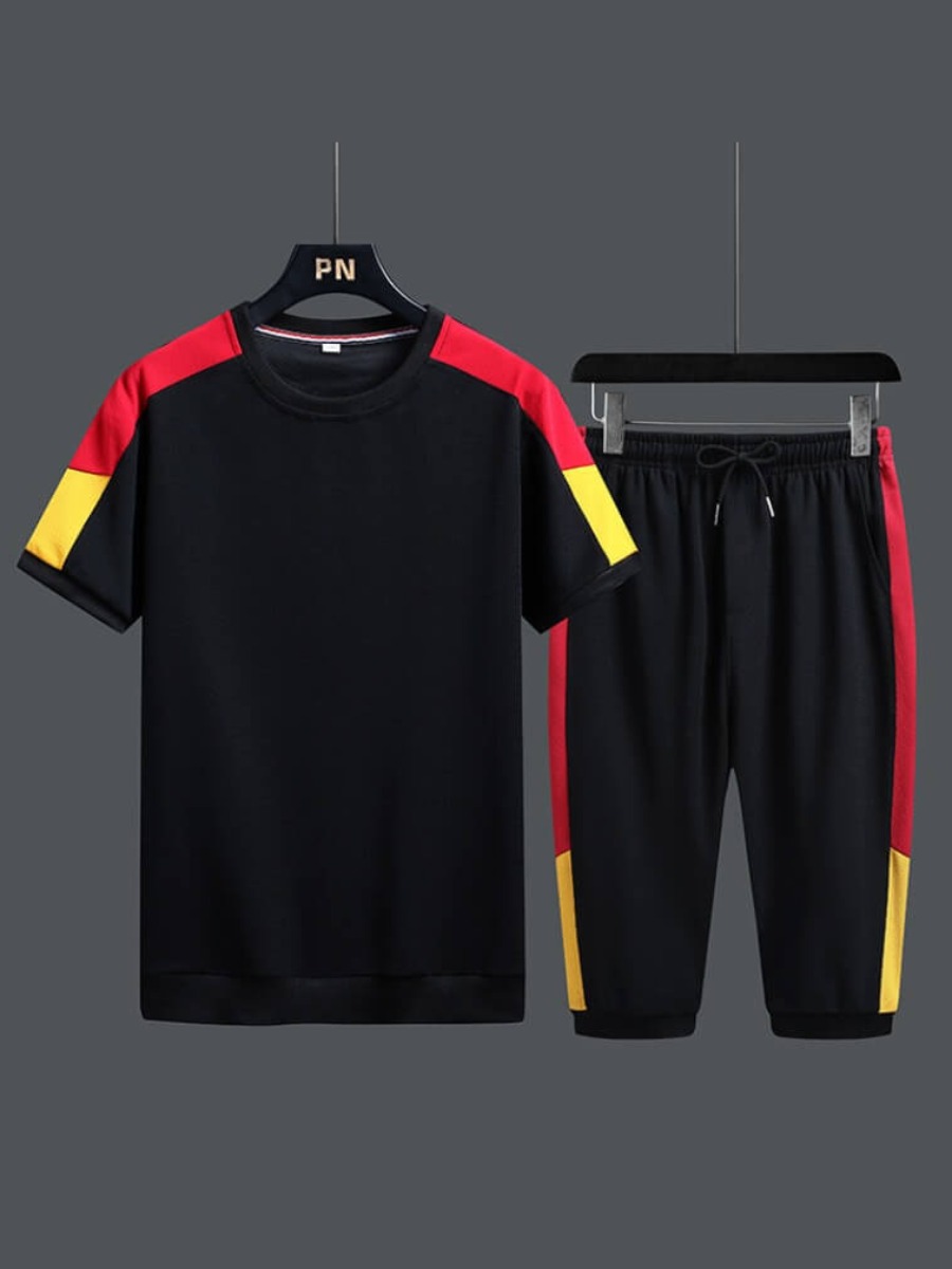 

LW Men Sportswear Patchwork Black Two-piece Shorts Set