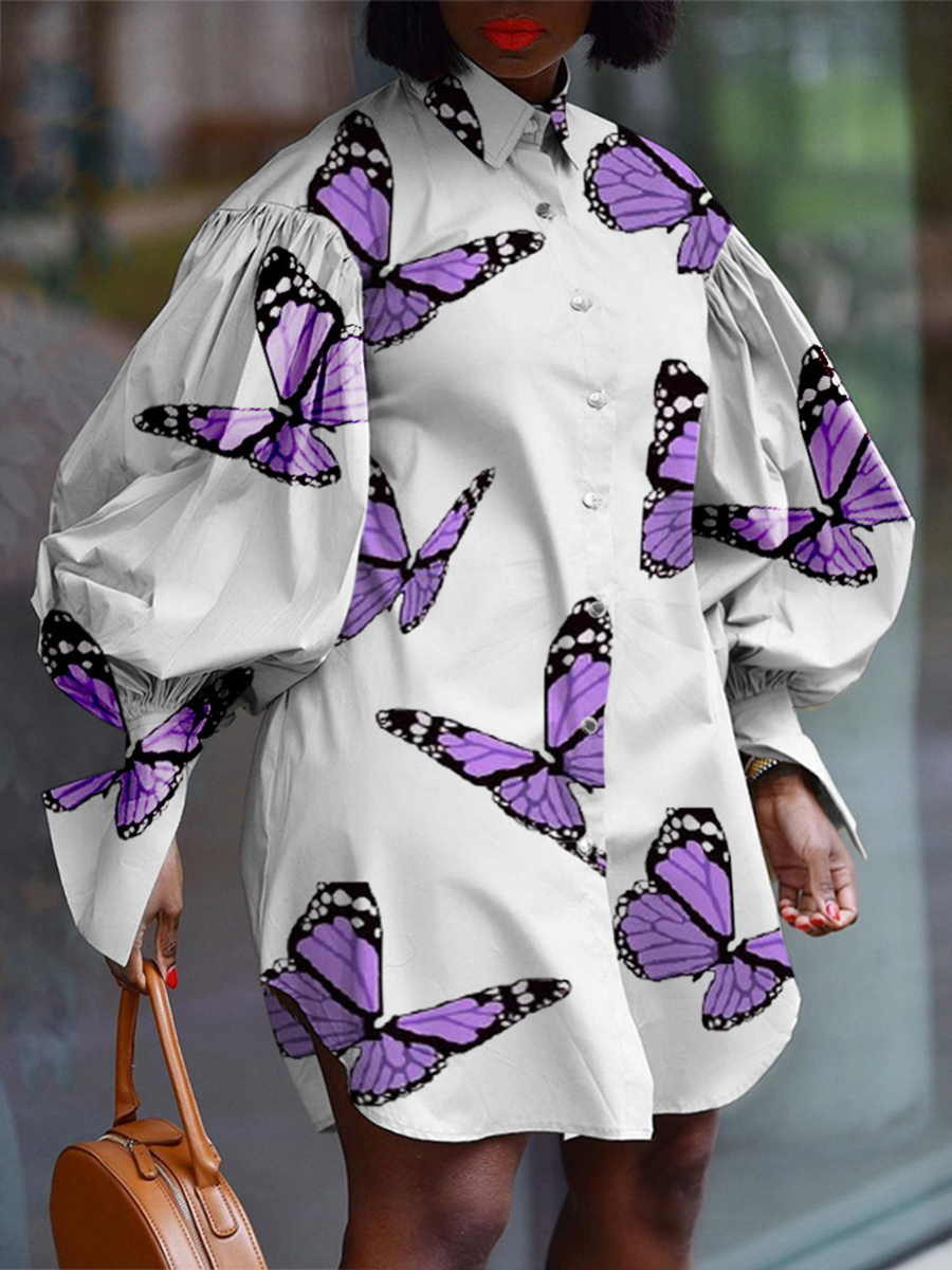 

Lovely Plus Size Street Butterfly Print Ruffle Design White Blouse