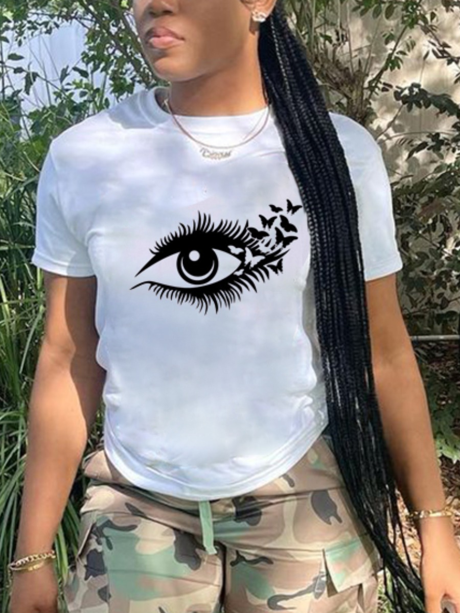 

Lovely Casual Eye Butterfly Print White T-shirt