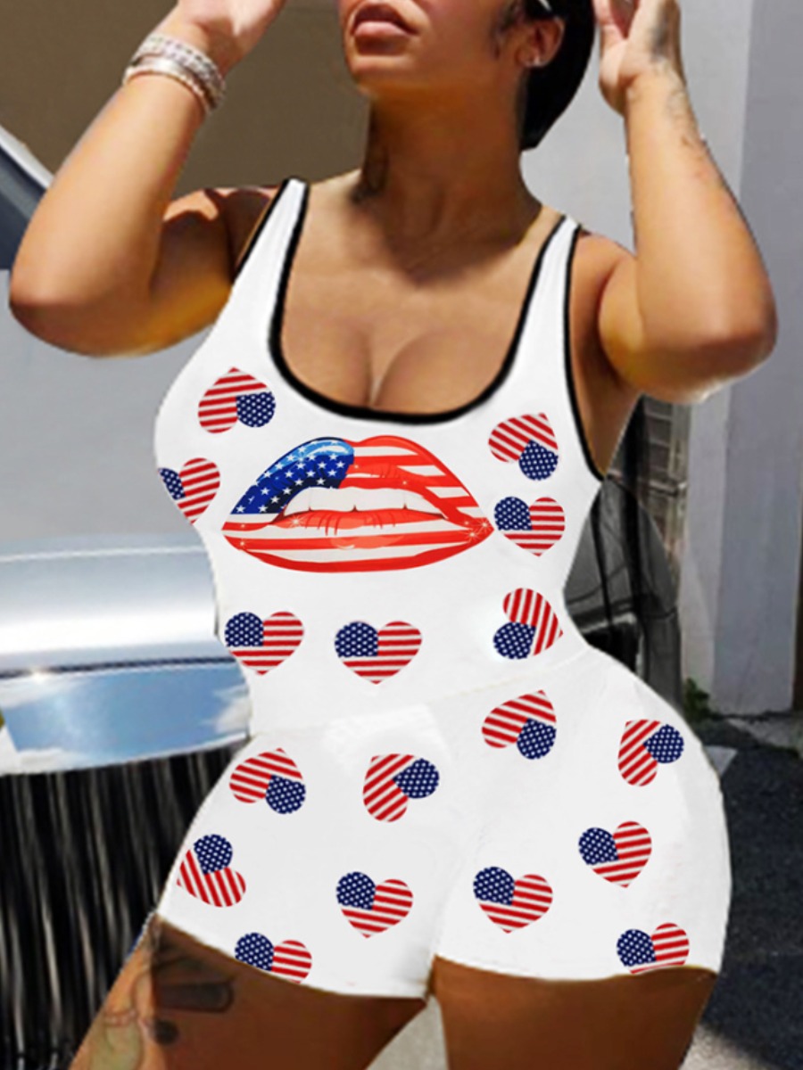 

Lovely Plus Size Street American Flag Independence Day White One-piece Romper