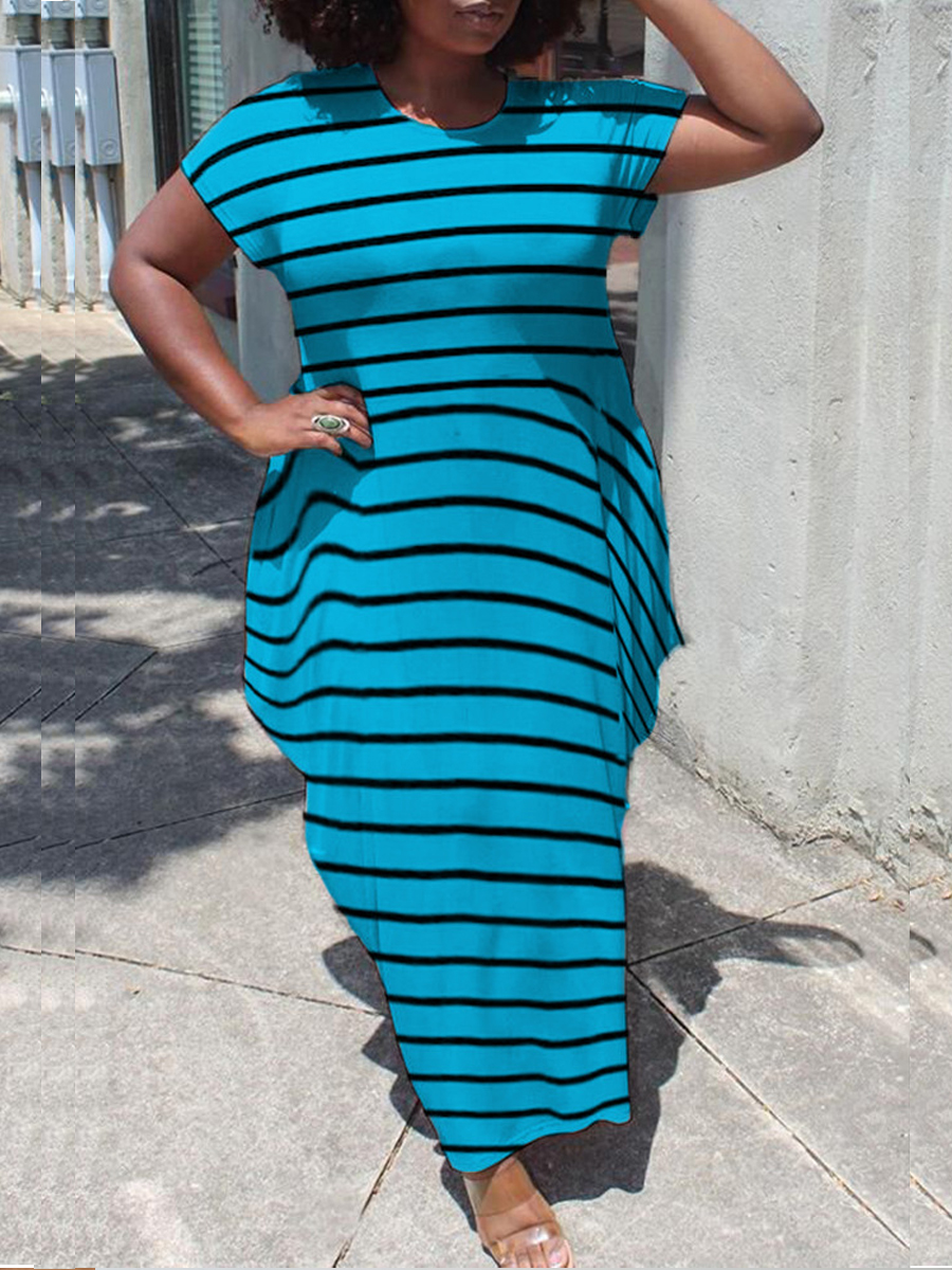 

Lovely Plus Size Casual Round Neck Striped Blue Ankle Length Dress