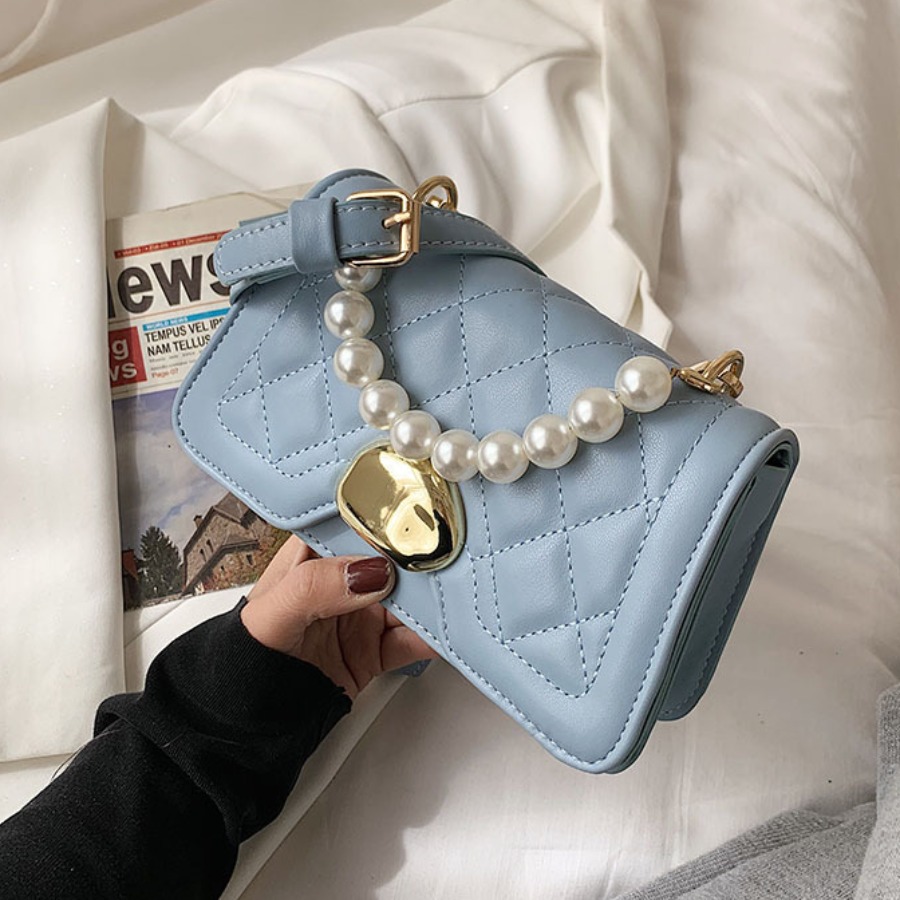 

Lovely Casual Pearl Decoration Square Buckle Blue Crossbody Bag
