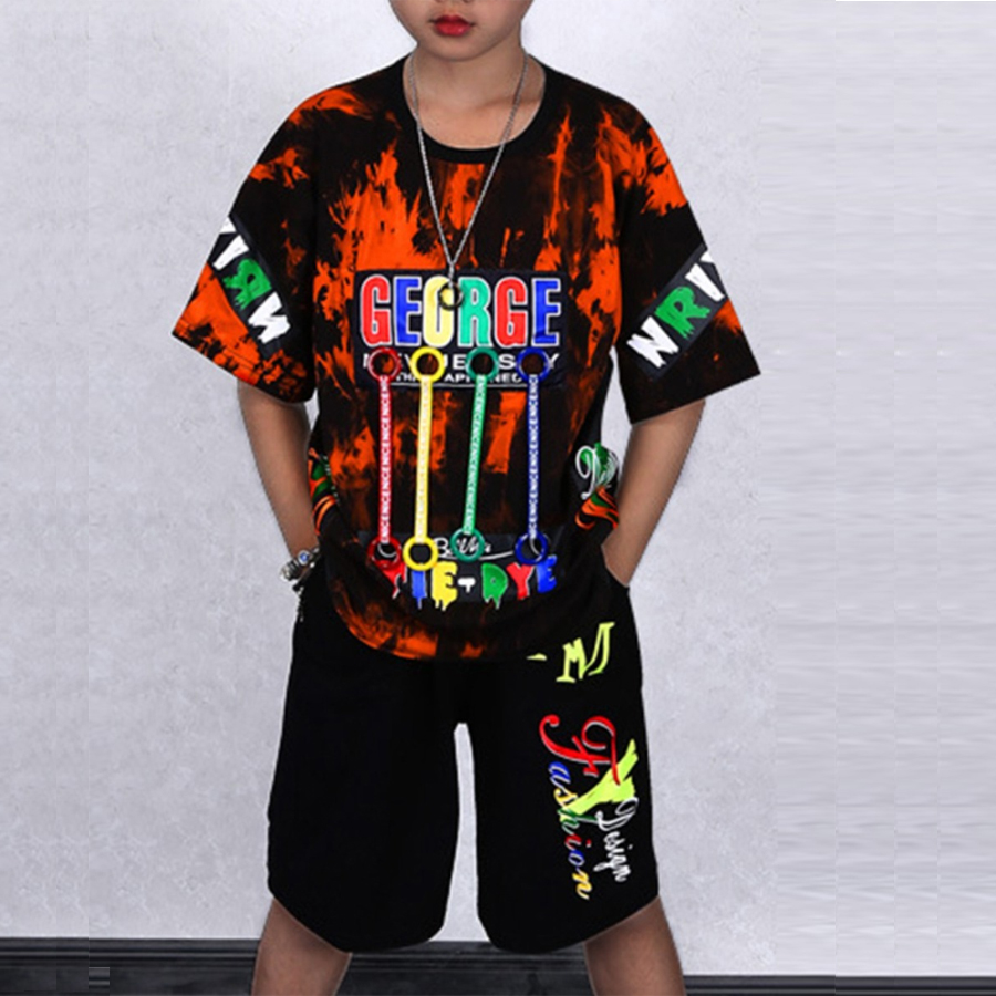 

Lovely Boy Street Tie Dye Letter Print Red Two Piece Shorts Set