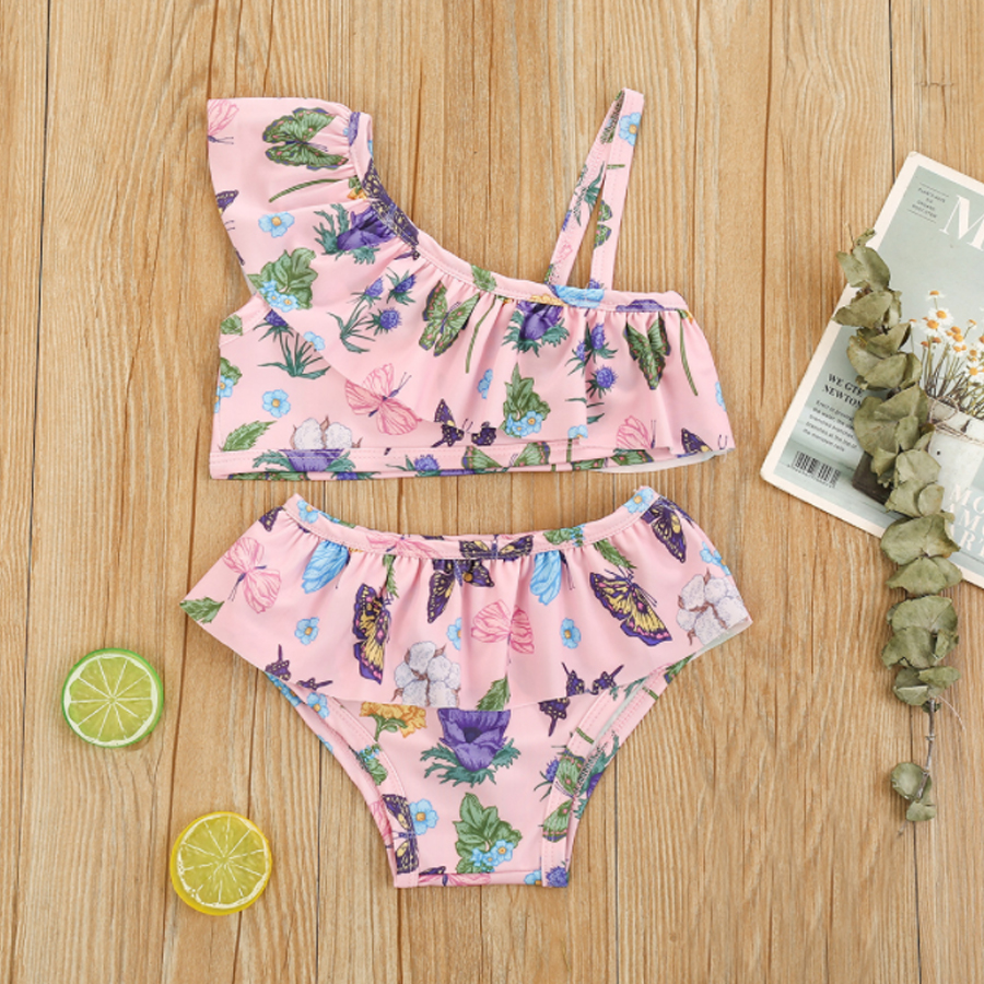 

Lovely Girl Sweet One Shoulder Floral Print Flounce Design Pink Two-piece Swimsuit