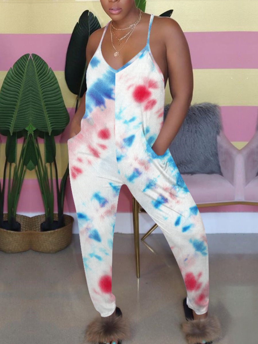 

Lovely Street Tie-dye Pocket Design Blue One-piece Jumpsuit