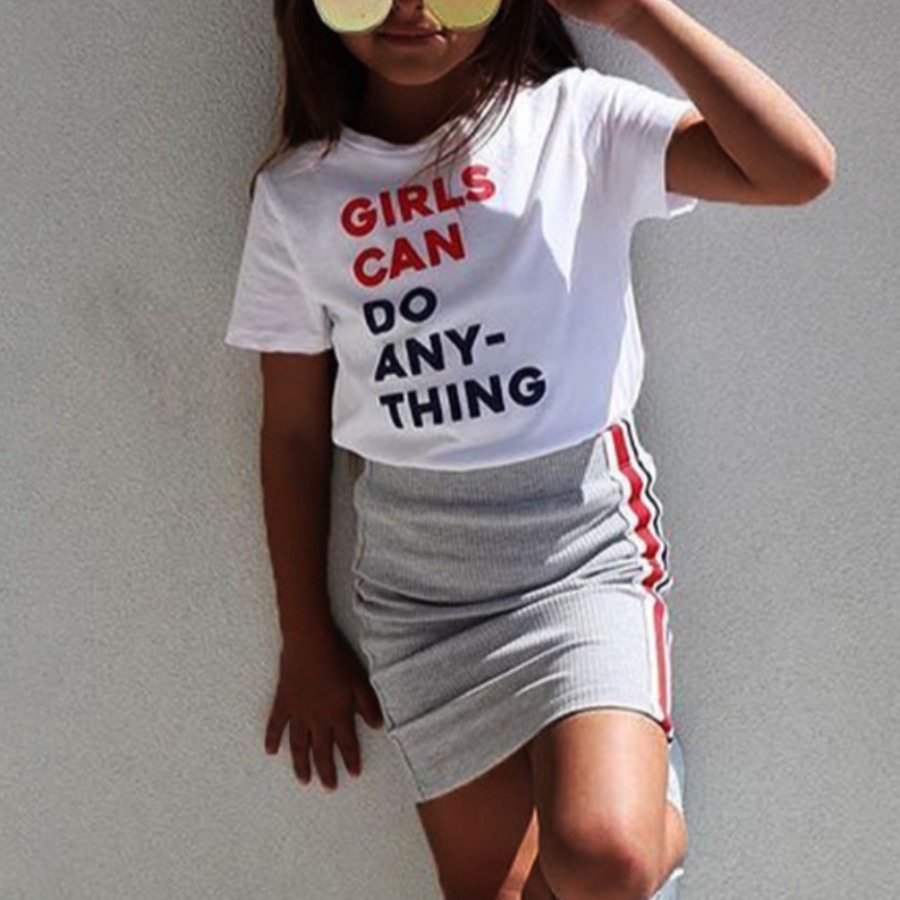 

LW COTTON Girl Casual O Neck Letter Print White Two Piece Skirt Set