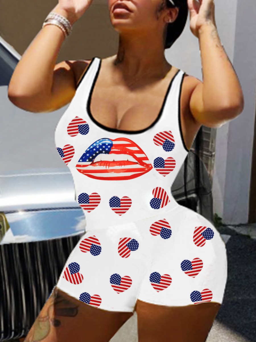 

Lovely Street American Flag Lip Print White One-piece Romper